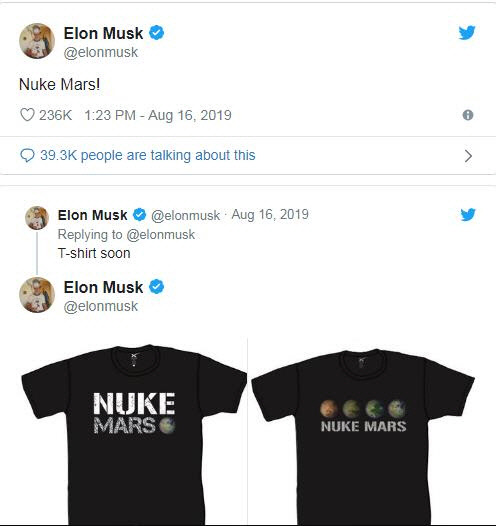 일론 머스크의 '화성 핵무기 공격' 트윗  트위터 캡처